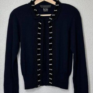 Vintage Andrea Jovine Black Cardigan with Pearl/Crystal/Stitch Accent -Women's S